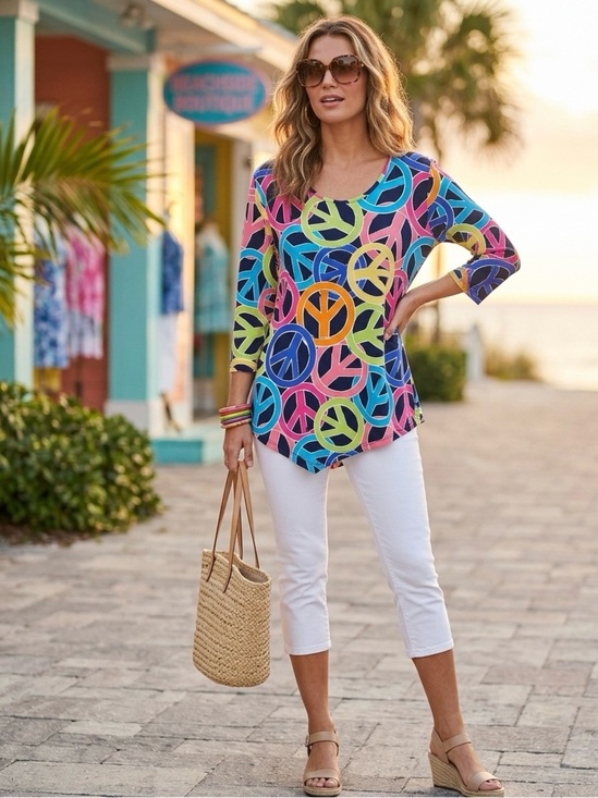 Anthony’s Resort Wear Tops - Anthony’s Resort Wear Colorful Peace Sign Asymmetrical Top Small Y2K Beachy